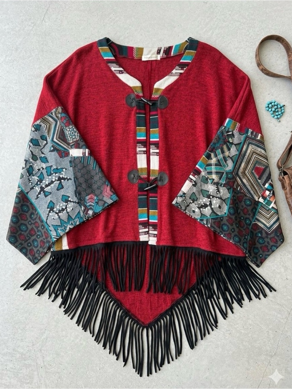 Southwestern Boho Fringed Poncho Wrap Cape Red Mixed Media Multi One Size Aztec